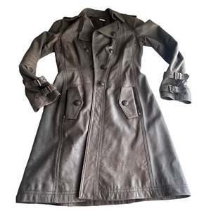 Peruvian Connection Leather Brown Trench Coat Women Small Classic Vintage jacket
